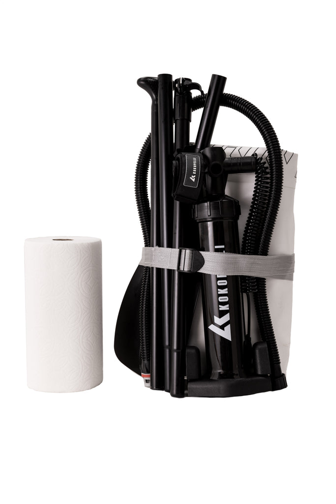 Chasm-Lite Inflatable SUP compacted next to rolled paper towels
